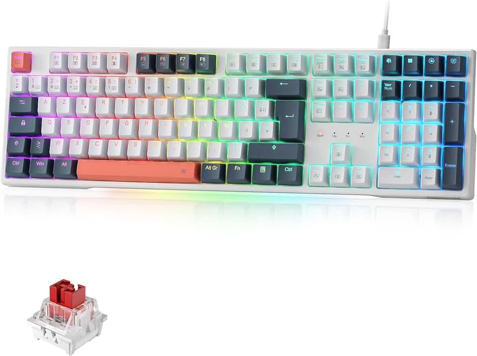 Redragon K668 Clavier Gaming Mécanique Filaire AZERTY, 105+4 Touches, Rétroéclairage RGB, Interrupteurs Rouges Remplaçables à Chaud, Mousse Absorbant Le Son