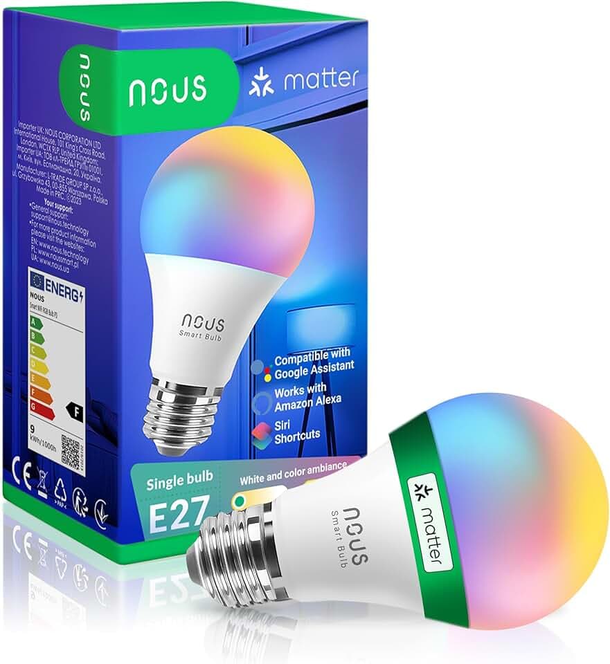 NOUS E27 RGB Matter Ampoule Connectee, LED WiFi Dimmable Couleur Ampoules Intelligente Avec Telecommande App, Compatible avec Alexa, Google Home, Home Assistant, Tuya Smart Life