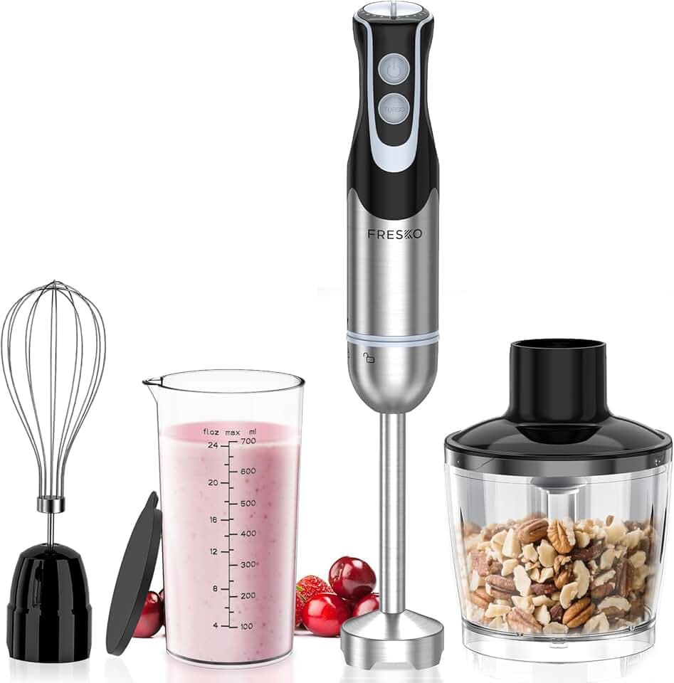 FRESKO 4-en-1 Mixeur Plongeur,Mixeur Plongeur de 1000W avec 12 vitesses et mode turbo, Lames en acier inoxydable 304, Comprend une tasse à mesurer, Une tasse hachoir et un fouet(HB3302) ISCC PLUS