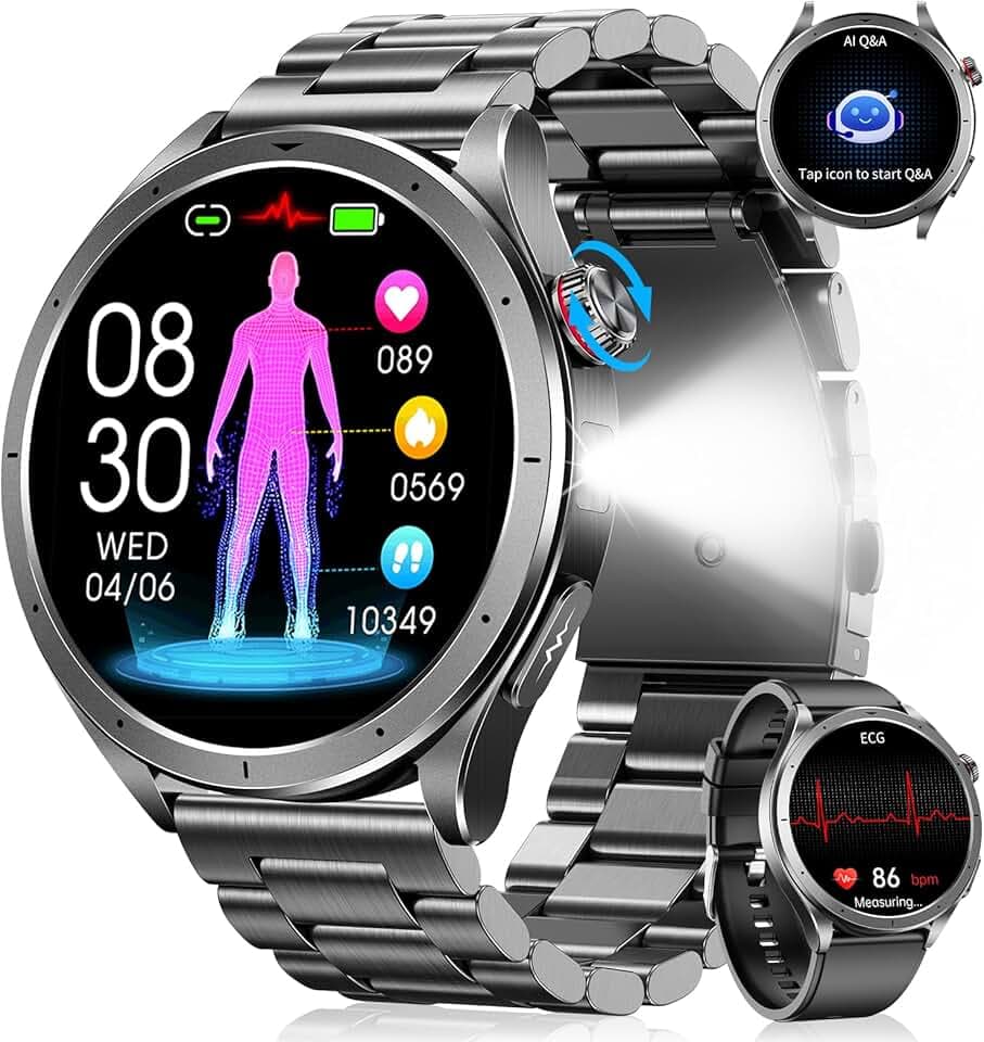Montre Connectée Homme avec ECG+HRV, AI-GPT Smartwatch Homme avec Tension Artérielle, Fréquence Cardiaque, 24H Suivi du Sommeil, SpO2, 5ATM Étanche, LED Lampe, 120+ Modes Sport pour Android iOS Noir