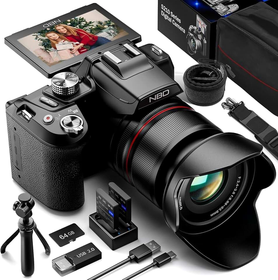NBD Appareil Photo Numérique 8K 64MP avec Zoom Optique 16X & Écran Rabattable 180°, Caméra Style Reflex avec Micro, WiFi, Trépied, Idéale Vlog, Voyage & Débutants (Noir)
