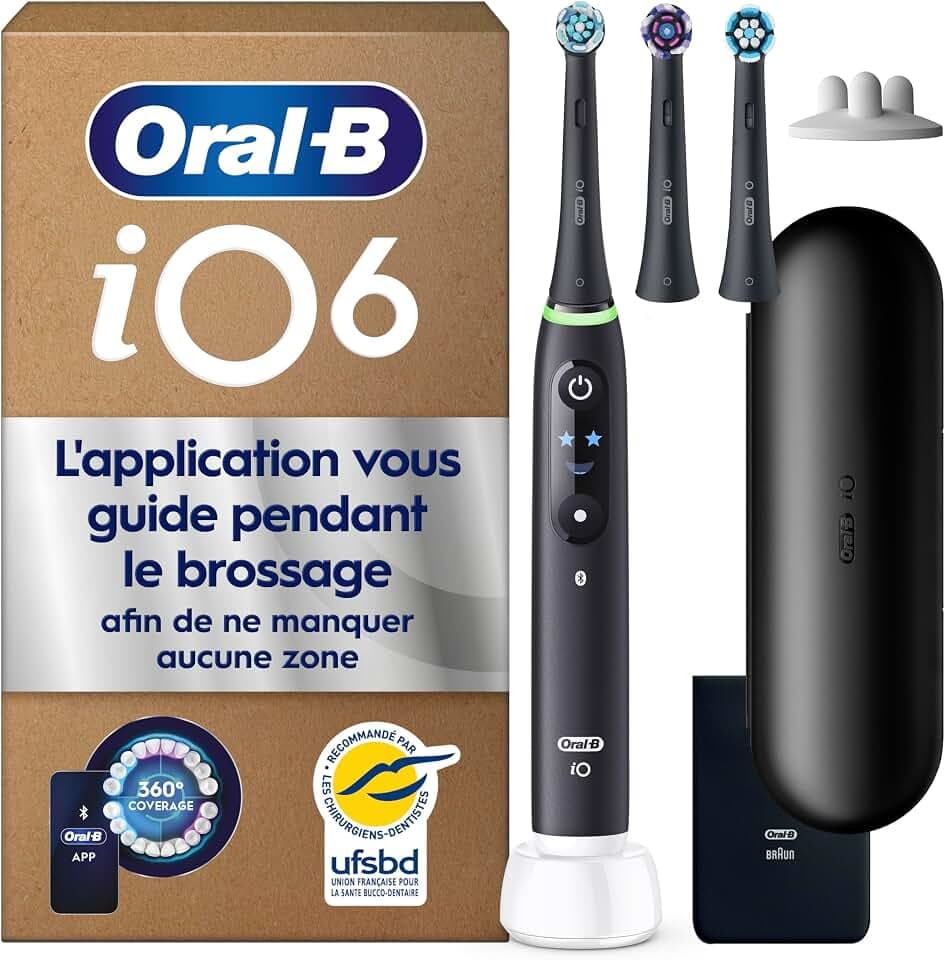 Oral-B Brosse à Dents Electrique iO 6, 3 Brossettes de Rechange, Noire | 5 Modes de Brossage dont Blancheur et Soin des Gencives, Capteur de Pression, Batterie Rechargeable, Etui, en Carton