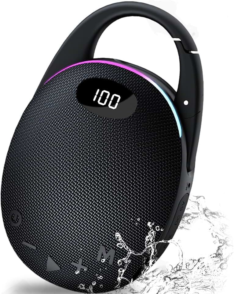 Enceinte Bluetooth Ultra-Portable, LED Écran, Mousqueton intégré, Bass Puissantes, son Pro, Basses Puissantes, 25H d'autonomie, Lumières RGB, Appairage TWS,AUX,TF, pour l'extérieur/La Fête/Voyage,Noir