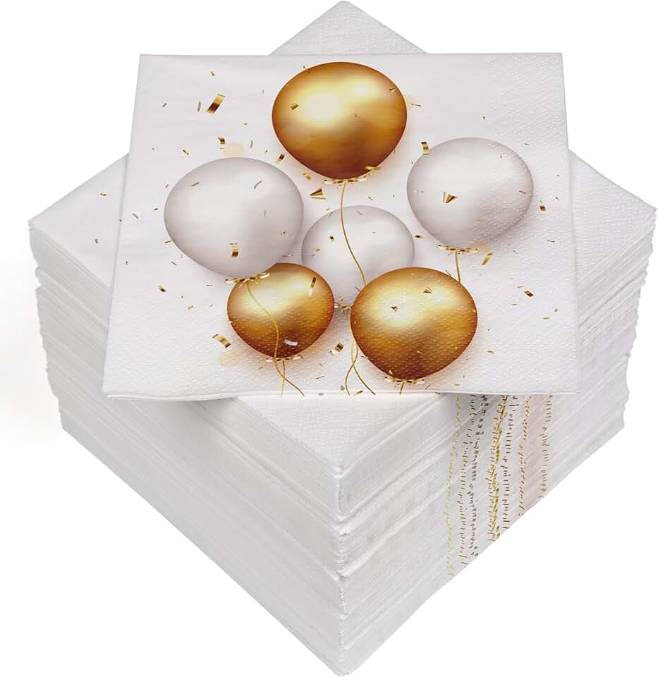 Heku HEKU Lot de 100 serviettes en papier triple épaisseur, 33 x 33 cm, ballons doré/blanc I Absorbantes et pratiques I Large choix I Idéal pour les occasions spéciales