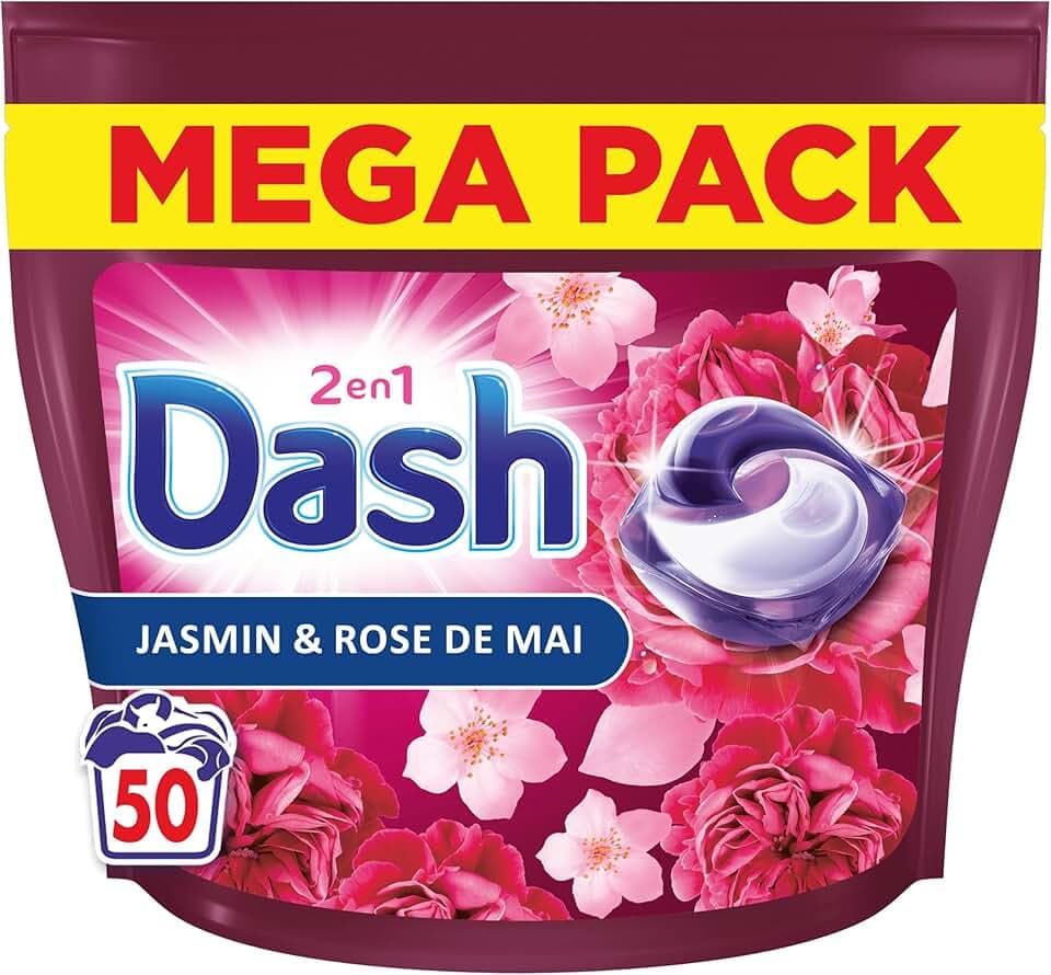Dash 2en1 PODS, Lessive En Capsule, 50 Lavages, Parfum Jasmin et Rose de Mai, 3 Semaines De Fraîcheur Avec L’Adoucissant Lenor