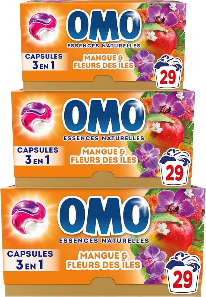 OMO - Lessive liquide en capsules 3 en 1 En Mangue d'Évasion - 87 lavages - Mangue et Fleurs des îles - propreté éclatante & parfum longue durée aux essences naturelles (lot de 3x29)