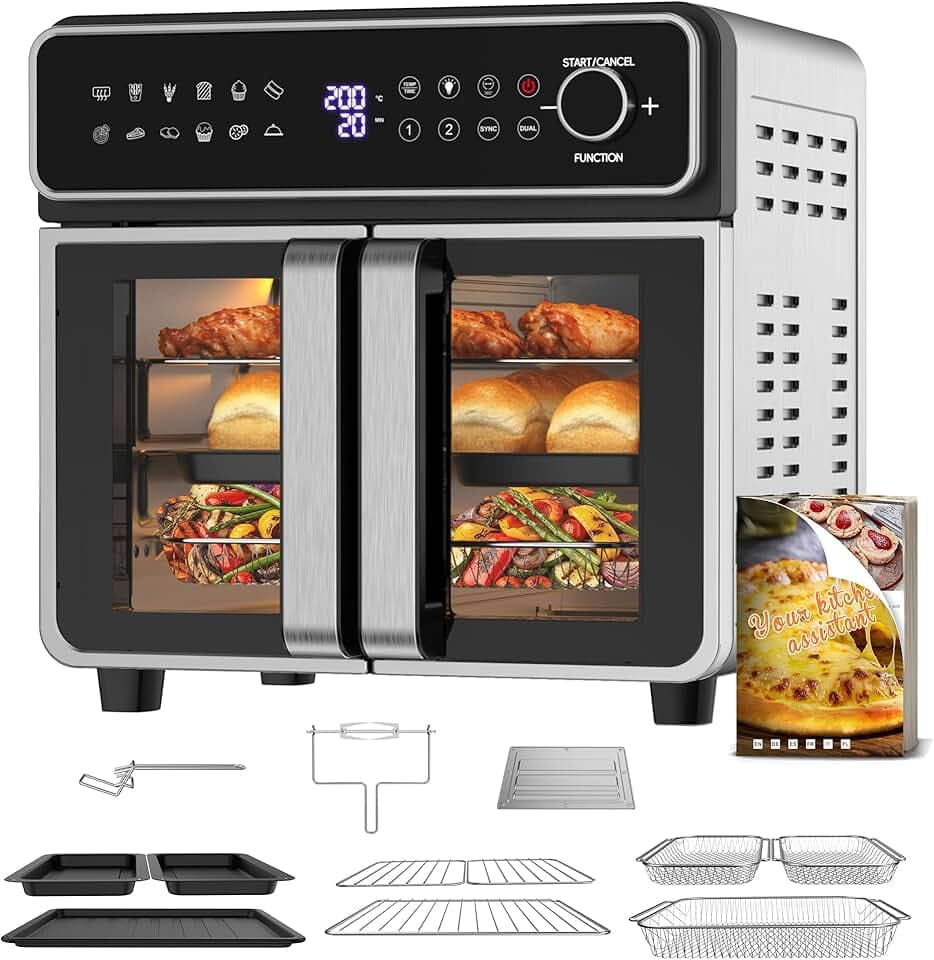 Emphsism Air Fryer XXL 23L - Mini Four Zone Flexible, Double Porte Friteuse à Air Chaud Température Indépendante 200℃, 12-en-1 Friteuse sans Huile avec Fenêtre & Éclairage Recette, Pour Familles