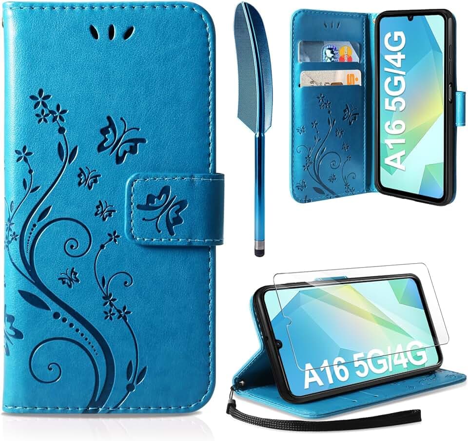 AROYI Coque Compatible avec Samsung Galaxy A16 5G / 4G, Retro Design PU Etui Housse en Cuir Portefeuille de Protection Fonction Stand Video Porte Carte Credit Ticket Flip Case Bleu