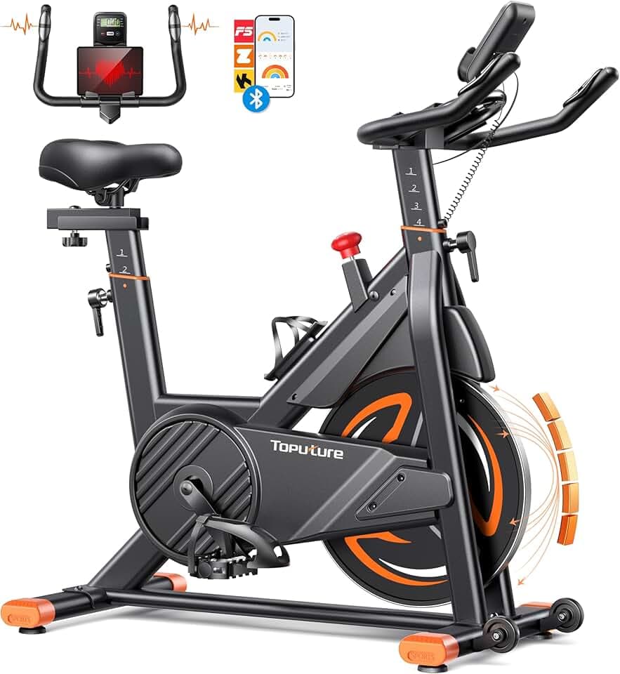 TOPUTURE Velo D Appartement Magnetique, Velo Appartement Connecté APP, Résistance réglable, Vélo d'intérieur avec silencieux, Vélos D'appartement avec fréquence cardiaque Capacité 160KG