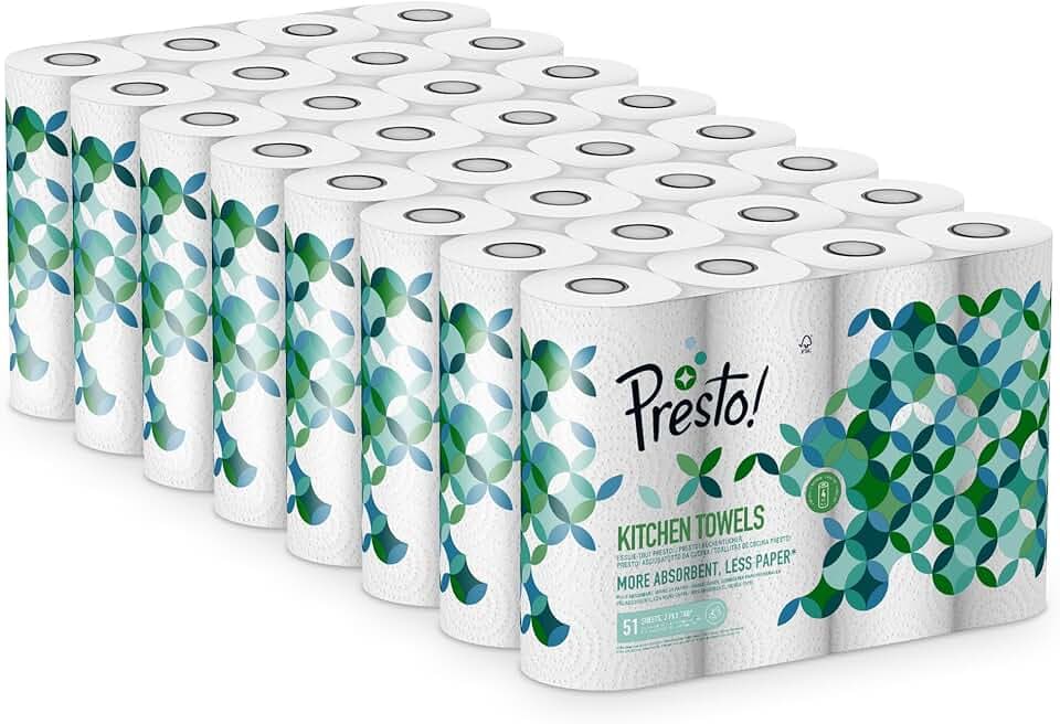 Presto! Essuie-tout TAD, Extra Absorbant, 32 Rouleaux (8 Paquets de 4), 51 Feuilles par Rouleau, Essore et Réutilise, Certifié FSC The Forest Stewardship Council