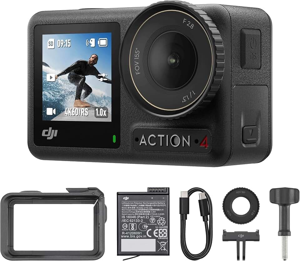 Bundle DJI Osmo Action 4 Essentiel - Caméra d’Action étanche 4K/120 IPS avec capteur 1/1,3 Pouce, des Images saisissantes en Basse lumière, des Couleurs D-Log M 10 Bits, Batterie 1 770 mAh prolongée