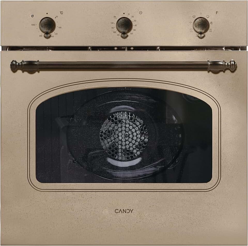 Candy FCC603NAV Four électrique à encastrer, ventilé, capacité 65 litres, multifonction et fonction pizza, 8 programmes, 56,8 x 59,5 x 59,5 cm, style rustique, avoine, classe A+