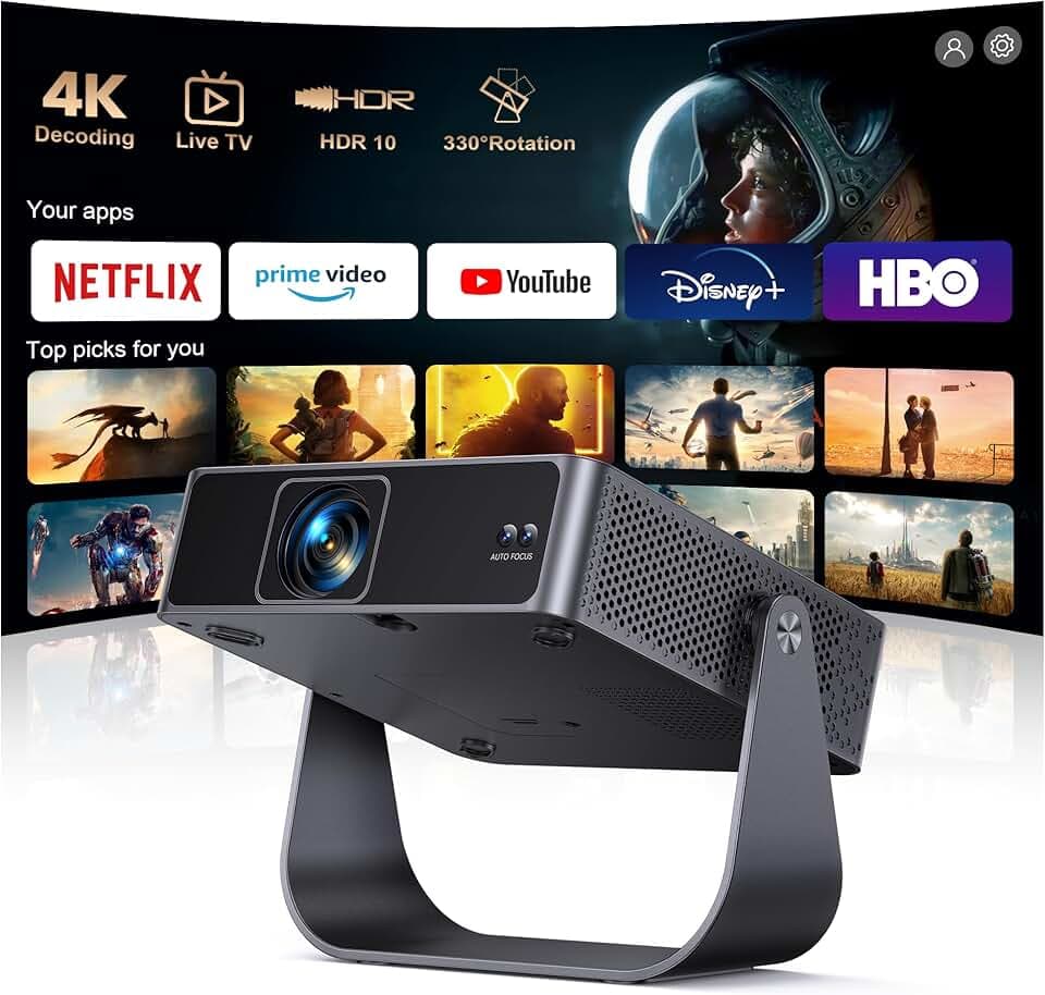 Mini Vidéoprojecteur 4K【Apps Officielles/Live TV/Rotation 330°】 Auto Focus/Keystone Projecteur Vidéo Portable 4K Courte Focale, HDR10, Mini Rétroprojecteur 1080P WiFi6 Bluetooth Home Cinéma/Extérieur