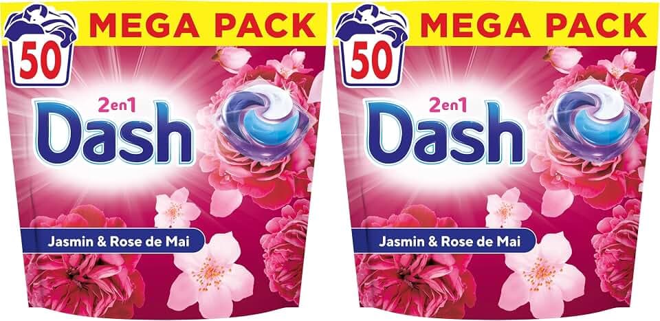 Dash 2en1 PODS Jasmin et Rose de Mai, 50 Lavages, Lessive Capsules 3-en-1, 3 Semaines de Fraîcheur avec Lenor, Notes Florales et Baies Rouges, Efficace en Cycle Froid, Fabriquée en France (Lot de 2)