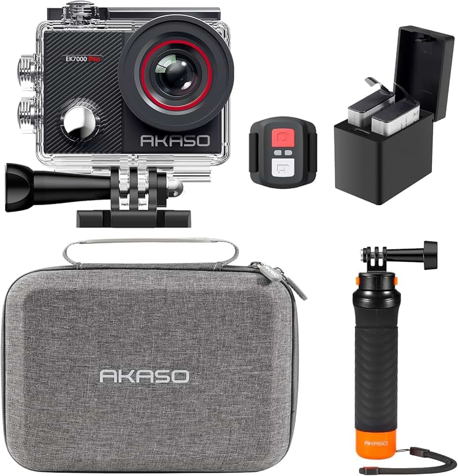 AKASO EK7000 Pro Caméra Sport Kit de Poignée Flottant - Comprend 20MP Camera Sport 4K 30FPS avec Trépied Selfie Stick de 60CM pour Action Caméra Sportive, Sac de Rangement, 2 Batteries et Plus Global Recycled Standard