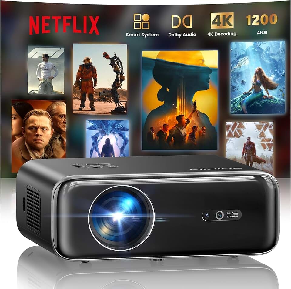 Vidéoprojecteur 4K【Netflix Inclus/Dolby】 1400 ANSI Projecteur Vidéo 4K Auto Focus/Keystone WiFi Bluetooth FHD 1080P, HDR10, Smart Rétroprojecteur Portable WiFi6 Extérieur Zoom50% Cadeau/Home Cinéma