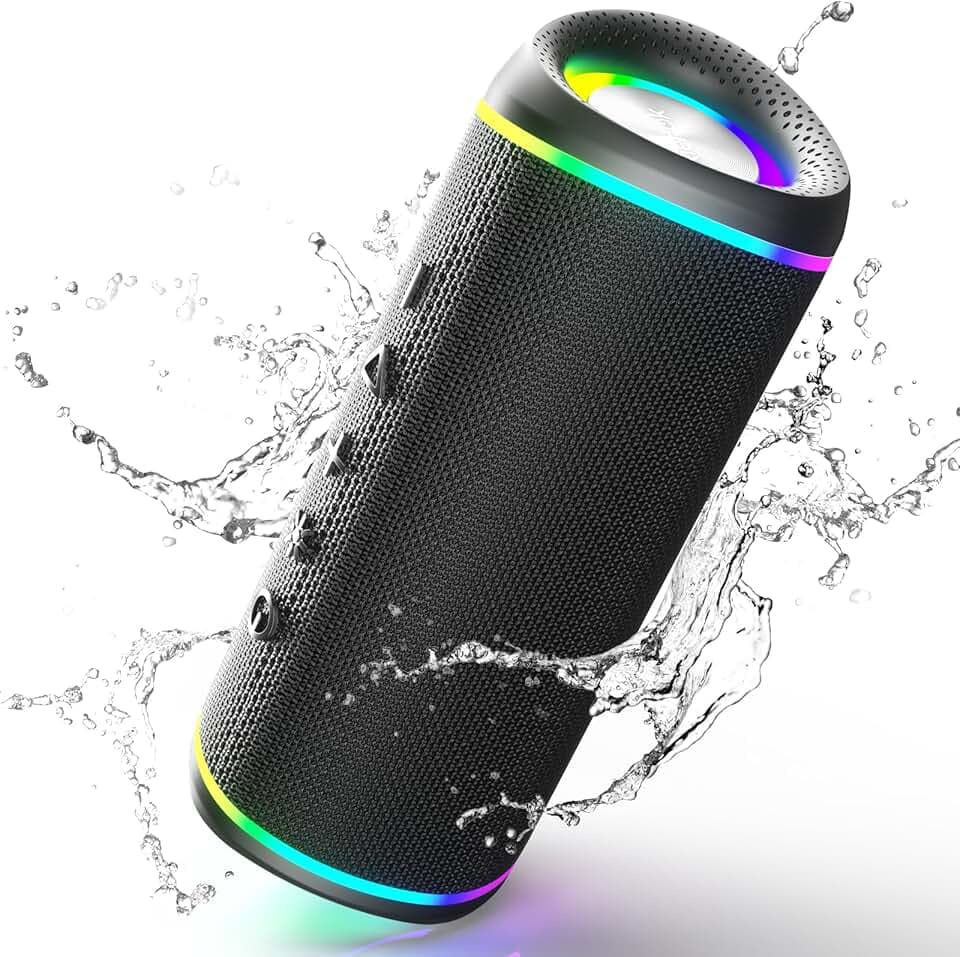 RIENOK Enceinte Bluetooth Portable, 30W Haut Parleur Puissant Lumineuse, Bluetooth 5.3, Support 128Go TF Carte, Autonomie 10H avec Port AUX, pour Soirées, Randonnées, Voyage