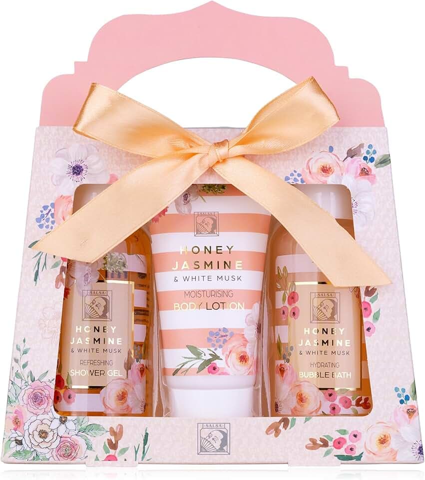 Accentra Kit de douche pour femme Honey Jasmine dans une belle boîte cadeau – Kit de soins 3 pièces avec gel douche, lotion pour le corps et bain moussant – Coffret cadeau bien-être pour anniversaire