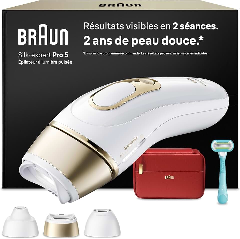 Braun Epilateur Lumiere Pulsee Silk·expert Pro 5 PL5262, Blanc et Or – Alternative au Laser à Domicile, Filaire, avec Pochette, Rasoir Gillette Venus, 3 Têtes