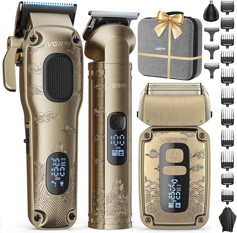VGRPRO kit tondeuse cheveux hommes, barbe, Rasoir Electriques Imperméable à Grille, Tondeuse Cheveux Sans Fil, Réglage à 4 Vitesses, Affichage LED de la Batterie,Utilisation en Barber (Gloden)