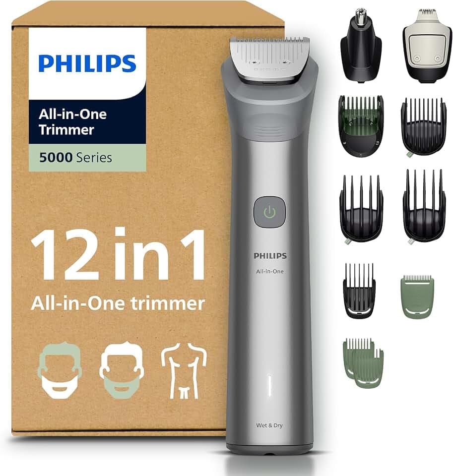 Philips Multigroom série 5000 Tondeuse tout-en-un 12 accessoires – tondeuse pour barbe, cheveux et corps, lames en métal auto-affûtées, 20 hauteurs de coupe (0,5-20 mm), modèle MG5952/30