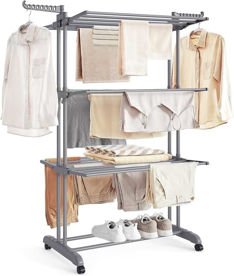 SONGMICS Étendoir à Linge, Séchoir Mobile à 4 Niveaux, avec roulettes, Pliable, 63,5 x 128 x 173 cm, Grande Capacité, Montage Facile, Utilisation Intérieure et Extérieure, Gris LLR701G01