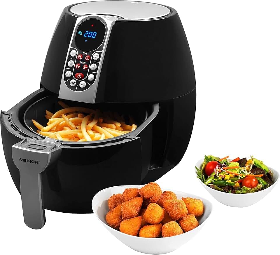 MEDION Air Fryer E10 S (Friteuse sans huile à air chaud, capacité 4 L, 1500 W, 8 programmes automatiques, régulation de la température et du temps, petit et facile à utiliser, MD17320) noir