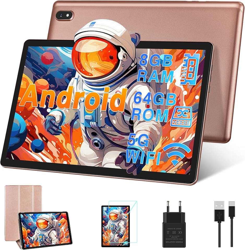 DMOAO Tablette 10 Pouces 4Go RAM(Extensible jusqu'à 8 Go) 64Go ROM 1TB Extensible, Tablette Android avec 5G WiFi, Bluetooth 5.0, 8 cœurs 2.0 GHz, 6000mAh, 1280 * 800, Type-C, Tablette Tactile,Or Rose