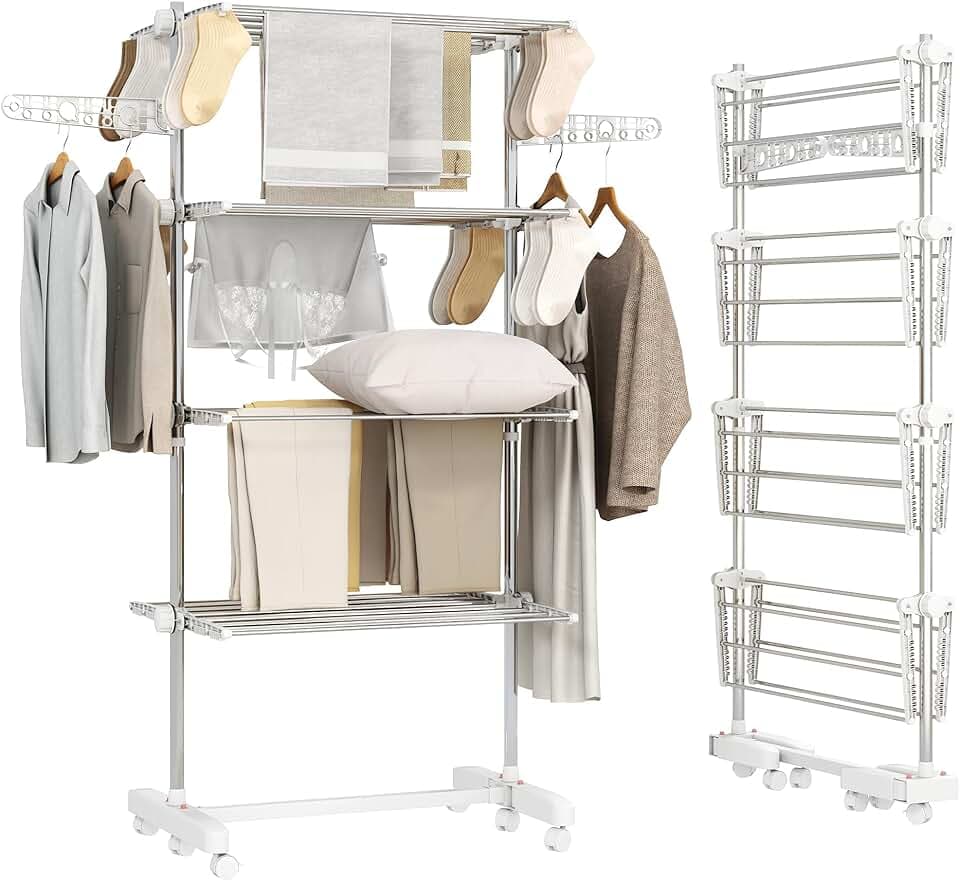 HOMCOM Séchoir à Linge étendoir Pliable Ailes latérales Utilisation intérieure et extérieure 142 x 55 x 172 cm 4 Niveaux Blanc