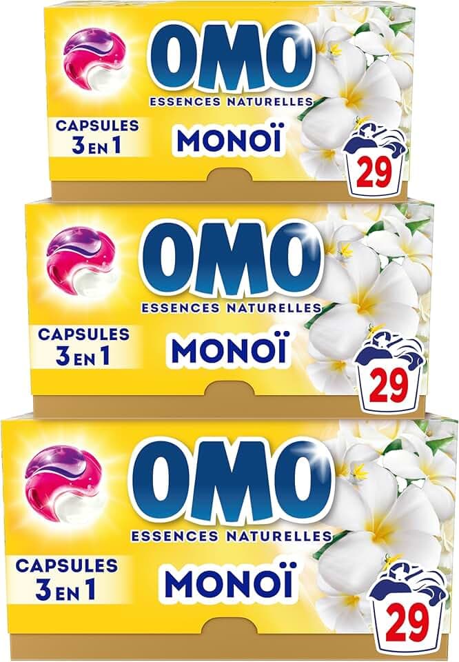OMO - Lessive Liquide en Capsules 3 en 1 Oui pour Tahiti - Capsules Lessive OMO Efficaces Dès le Lavage à Froid - Parfum Linge Intense au Monoï et Aux Essences Naturelles - 87 Lavages