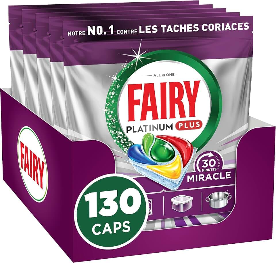 Fairy Platinum Plus Tablettes Lave-Vaisselle Tout-en-1, Miracle 30 Minutes, 130 Tablettes (26x5), Notre Nettoyant n°1 Pour Les Résidus Alimentaires Tenaces