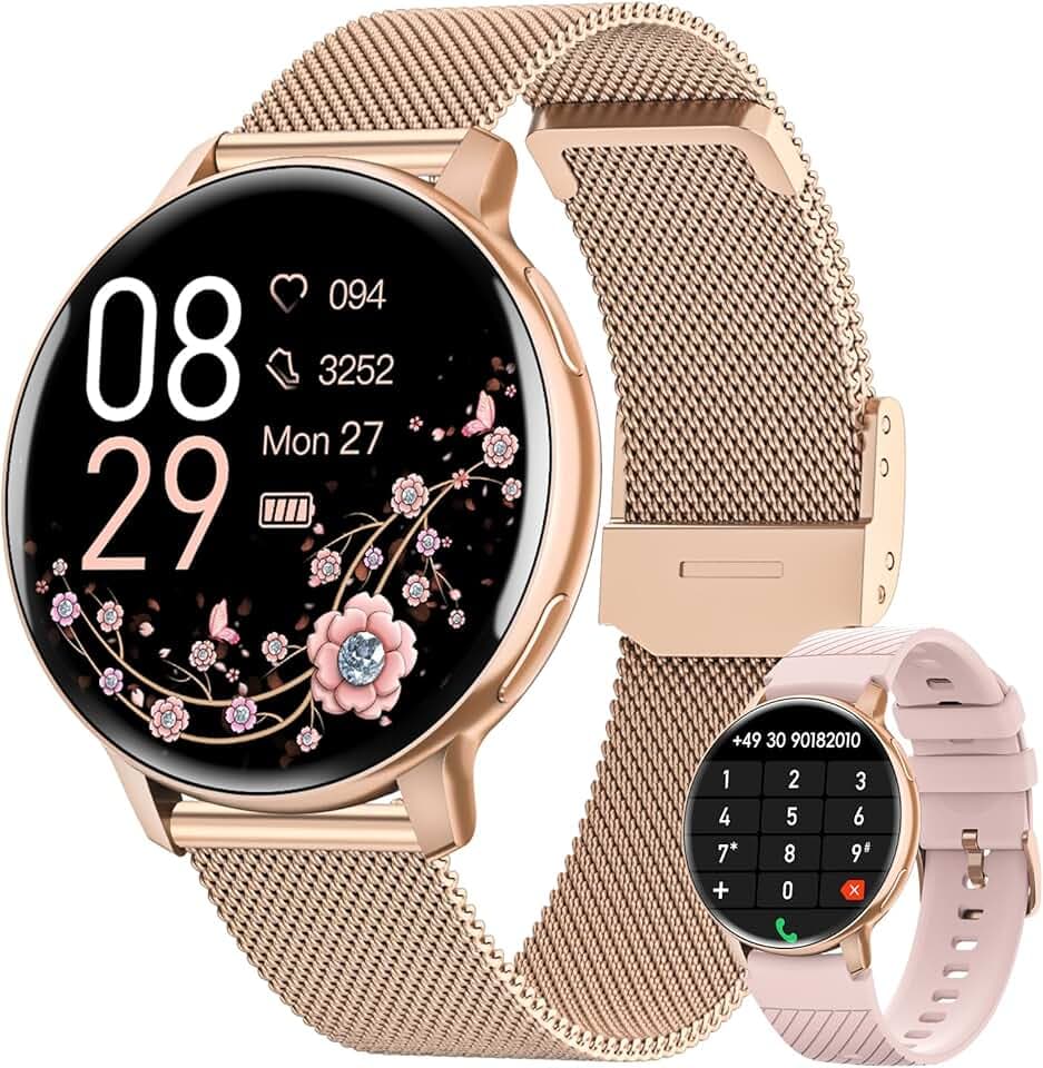 Montre Connectée Femme, 1.39" Smartwatch avec Appel Bluetooth, 24H Sommeil/Fréquence Cardiaque/SpO2 Fonction Féminine, 120+ Sportifs/IP68 Étanche Fitness Podomètre Compatible pour Android iOS, Or Rose