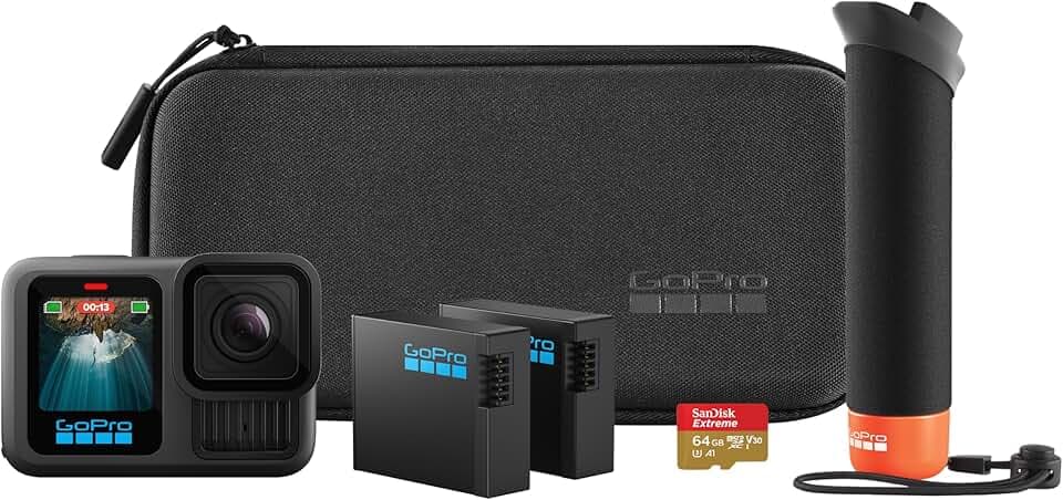 GoPro Ensemble d'accessoires HERO13 Black – Comprend Le manipulateur (poignée Flottante), 2 Batteries Enduro, Une Carte MicroSD SanDisk 64GB, Un étui de Transport, et Plus Encore