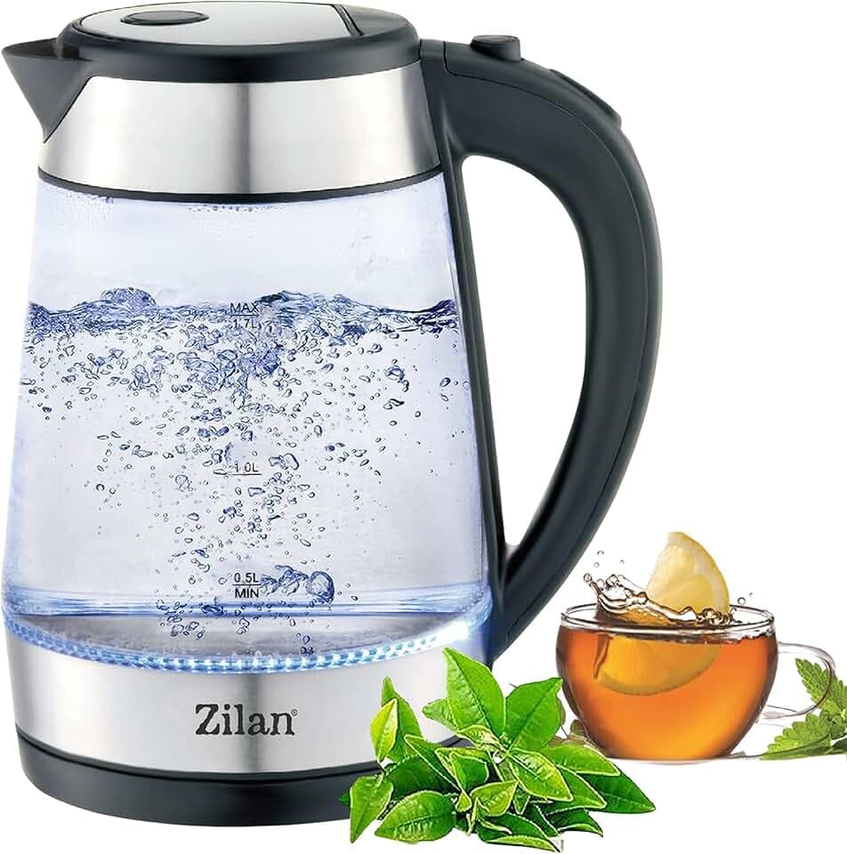 Zilan, Bouilloire en verre et acier inoxydable - 2200 W - 1,7 l - Éclairage LED bleu - 360 ° - Filtre anti-calcaire - Sans BPA - Kettle - Purificateur d'eau - Bouilloire à thé