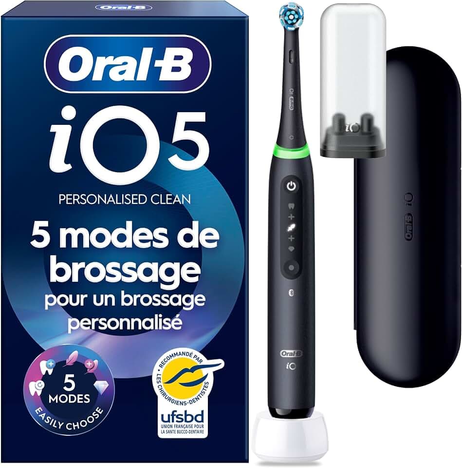 Oral-B Brosse à Dents Electrique iO 5 avec Brossette de Rechange, Noire | 5 Modes de Brossage dont Douceur et Blancheur, Capteur de Pression sur les Gencives et d’Usure, Batterie Rechargeable, Etui