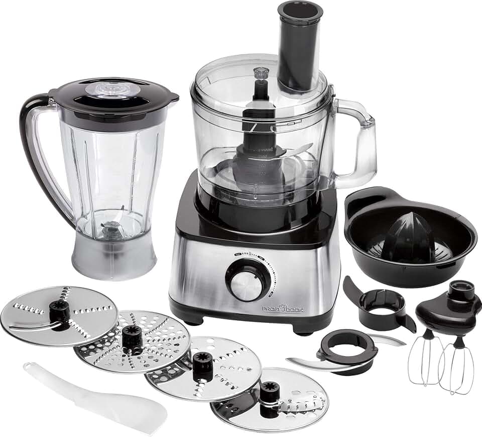 ProfiCook PC-KM 1063 Robot de cuisine compact avec boîtier en acier inoxydable, couper, pétrir, mixer, presse-agrumes, 1.2L, ouverture de remplissage, avec fonction turbo et 11 accessoires, 1200W