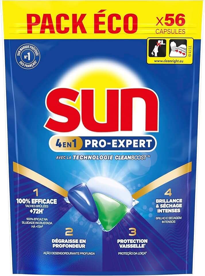 Sun - Pro Expert - Pastilles Lave Vaisselle - Action 4 en 1 - Regular - Elimine 100% des taches brûlées de +72h - dégraissent en Profondeur - 56 Capsules