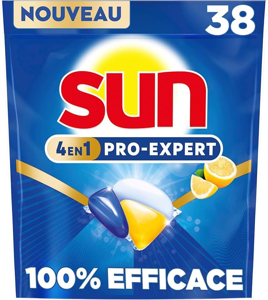 Sun - Pro Expert - Pastilles Lave Vaisselle - Action 4 en 1 - Citron - Elimine 100% des taches brûlées de +72h - dégraissent en Profondeur - 38 Capsules