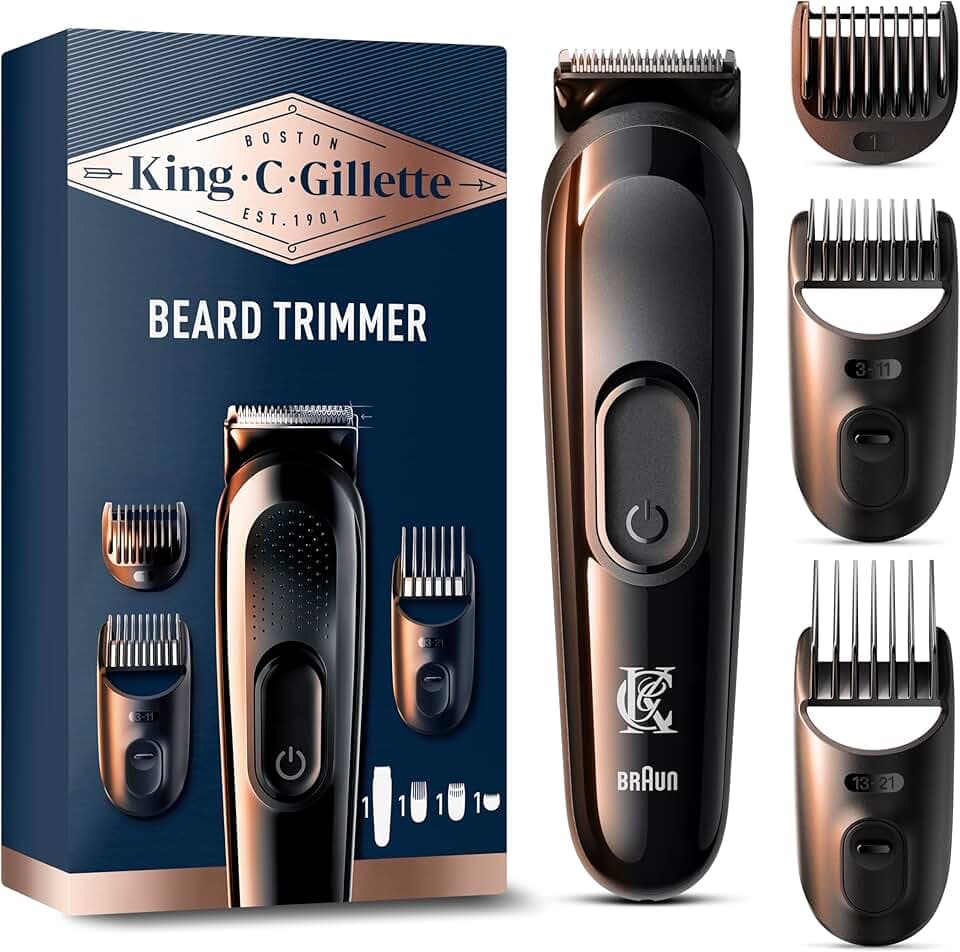 King C.Gillette Kit tondeuse à barbe pour homme, tondeuse sans fil + lames aiguisées de longue durée et 3 régulateurs de longueur interchangeables pour le soin de la barbe