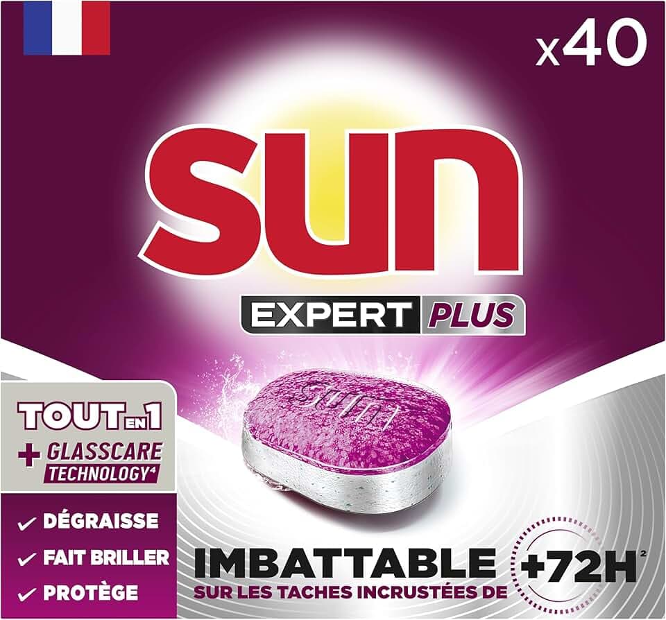 SUN - pastilles lave-vaisselle Tout en 1 Expert Plus - 40 tablettes - regular - imbattable sur les taches incrustées de + de 72h - Fabriqué en France