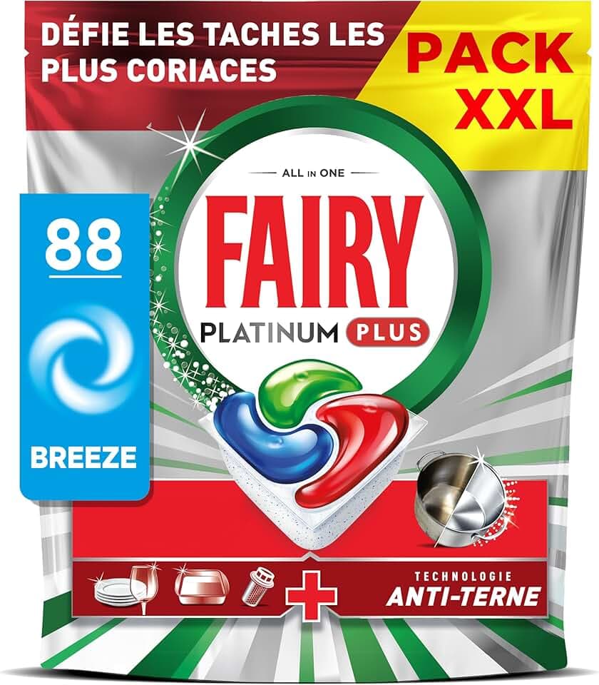 Fairy Platinum Plus Tablettes Lave-Vaisselle Tout-en-1, 88 Tablettes, Sans Parfum, Technologie Anti-Terne, Redonne l'Éclat, Prévient le Calcaire, Système Pré-Lavage Intégré, Efficace en Cycle Court