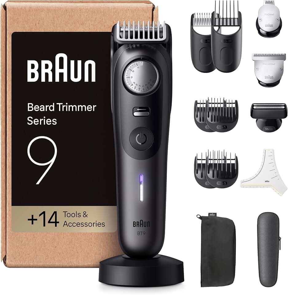 Braun Tondeuse A Barbe Electrique Pour Hommes Series 9 BT9565, Titane, Etanche, Coffret De Rasage Avec +14 Outils De Barbier, Lame Pro Blade, 52 Longueurs Pour Raser Le Visage, Kit Avec Accessoires