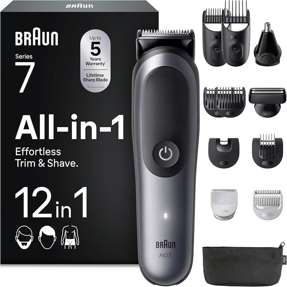 Braun Tondeuse Electrique Homme, Tout-en-Un Series 7 AIO7545 12-en-1, Grise – Etanche, Batterie Rechargeable, Lame ProBlade, sans Fil, Coffret avec 7 Sabots, 3 Accessoires, Emballage en Carton