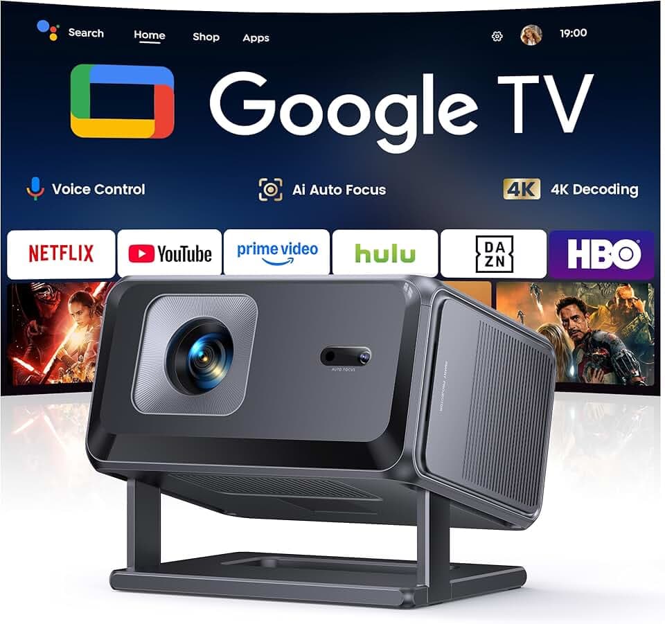 Vidéoprojecteur 4K【Google TV/Auto Focus/Keystone】Mini Projecteur Portable FHD 1080P Courte Focale, Contrôle Vocal, TOPTRO Rétroprojecteur Portable avec WiFi6, Bluetooth 5.4, Zoom 50 % pour Home Cinéma