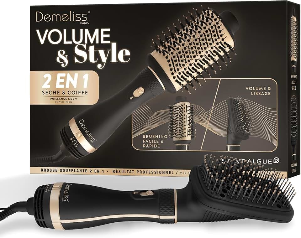 Demeliss SAINT ALGUE - Brosse Soufflante 2 en 1 VOLUME & STYLE - Sèche & Coiffe, Tous Types de Cheveux - 2 Têtes Interchangeables - Revêtement Céramique & Tourmaline - 3 Températures