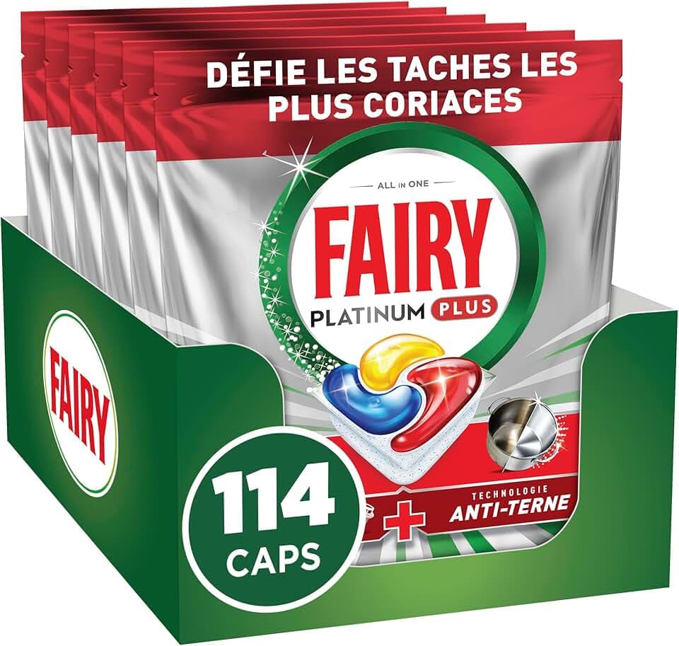 Fairy Platinum Plus Tablettes Lave-vaisselle Tout-en-1, 114 Tablettes (19x6), Parfum Citron, Technologie Anti-Terne, Prévient le Calcaire, Système Pré-Lavage Intégré, Efficace en Cycle Court