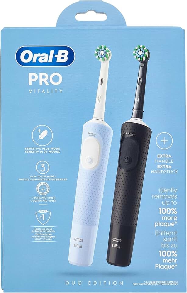 Oral-B Vitality Pro Lot de 2 brosses à dents électriques 3 modes de brossage pour soins dentaires, Designed by Braun, bleu/noir