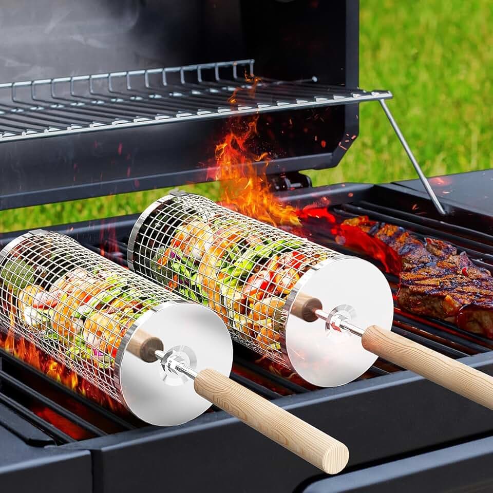 ivtivfu Panier à Barbecue Roulant, Poignée Détachable, Acier Inoxydable 304, Gigogne, Accessoires Grille à Legumes, Ustensiles Grill de Cuisine Exterieur Camping, Cadeau Anniversaire Homme Papa