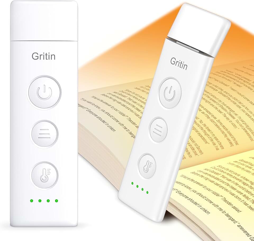 Gritin Lampe de Lecture Rechargeable, Liseuse Lampe Clip au Lit, 3 Couleurs Protection des Yeux & 5 Luminosités Réglables en Continu, Compacte et Durable, Cadeaux pour Lecteurs de Livres