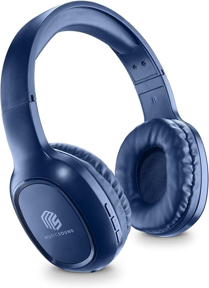 Music Sound | Casque Bluetooth Basic | Casque Bluetooth Supra-auriculaire avec Bandeau Extensible - Autonomie 14h - Recharge 2h - Voyant LED et entrée AUX - Couleur Bleu